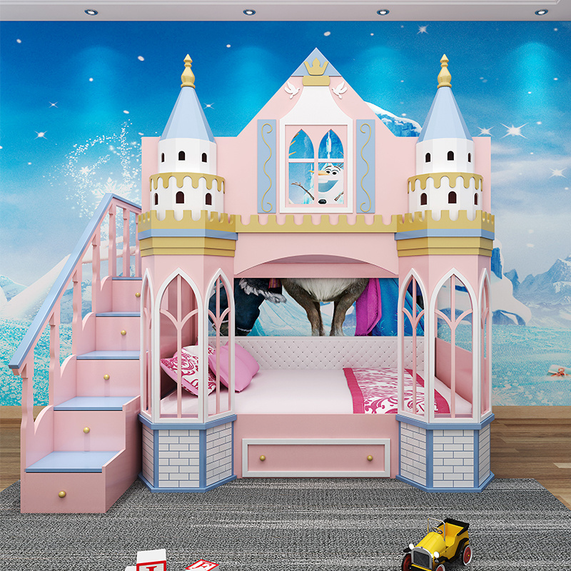 European Style Castle Girls bed up and low bed Pink Princess bunk bed girls  with slide and ladder