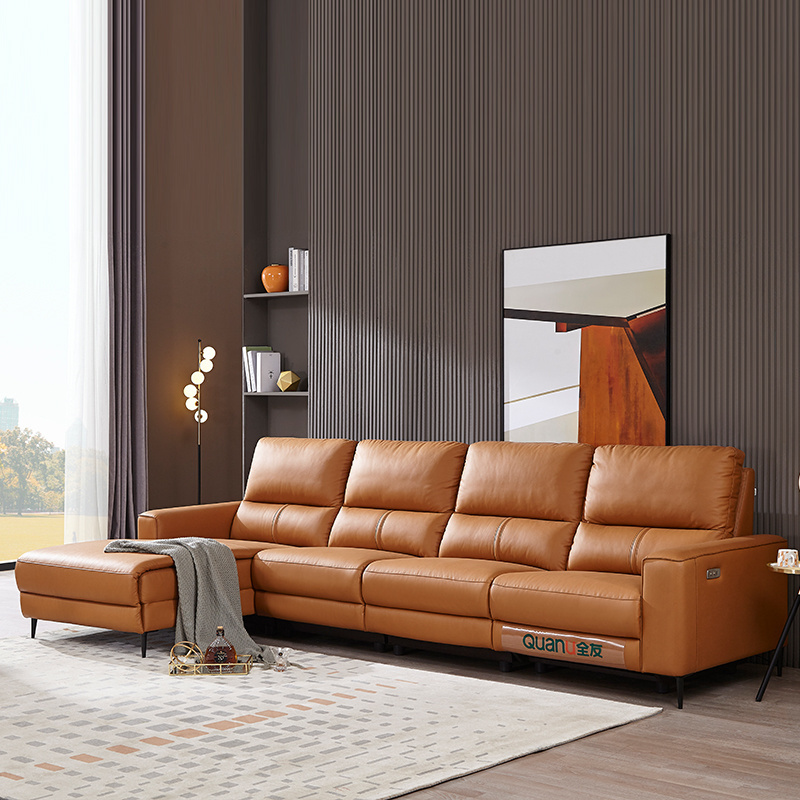 29070B-1 quanu orange leather sectional sofa living room furniture multifunctional electric recliner sofa