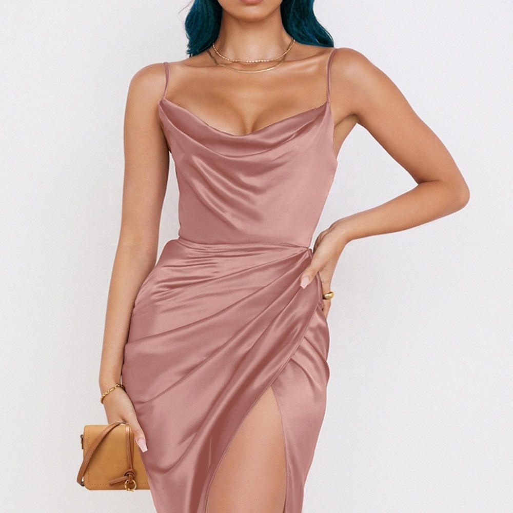 BUKAI 2022 New Design Fashion Trend Solid Color Sexy Sling High Waist Elegant Dress Women Satin Slit Party Dresses