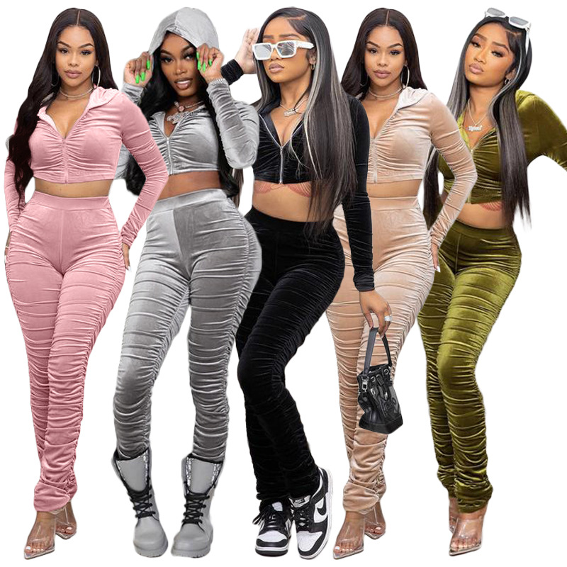 New Velvet Velour Tracksuits Two Piece Set Winter Women Workout Fall sexy 2 Piece Stacked Pants Jogger Set Sweat Suits