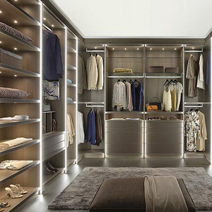 European style modern design walk in closet Wardrobes with built in LED light top brand hardware glass door