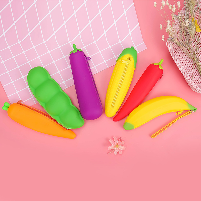 Reginfield Students Waterproof Stationery vegetable Pencil Case Silicone Pea Bean Design Zipper Pen Holder Pouch Case