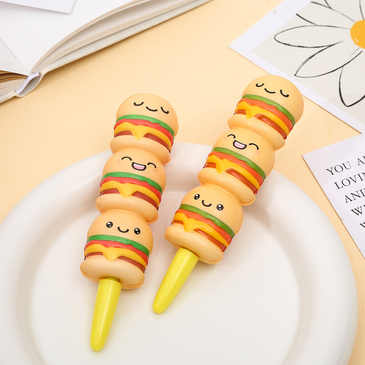 Hamburg French fries pizza soft pu foam sponge pen set children's cute vent Squeeze decompression pinch pen