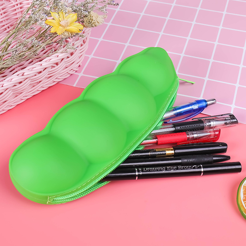 Reginfield Students Waterproof Stationery vegetable Pencil Case Silicone Pea Bean Design Zipper Pen Holder Pouch Case