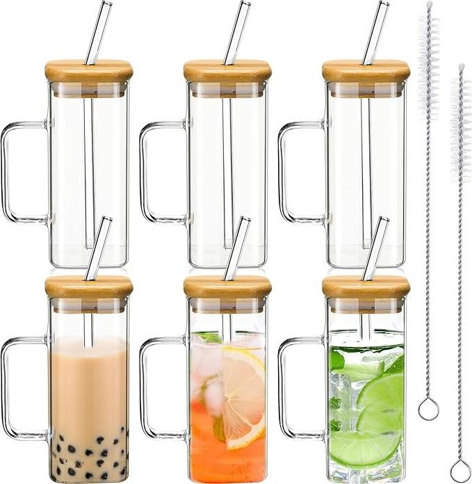 Wholesale 13.5 oz Coffee cups with colored handles square glass cups with lids and straws creative high borosilicate glass mug