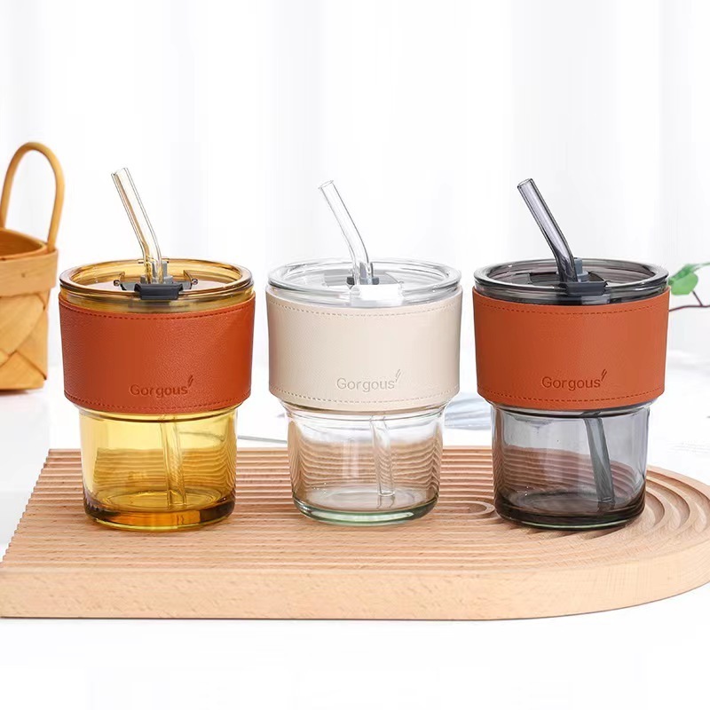 Wholesale portable colored drinking glass cups, customized logo, reusable straw glass coffee cups