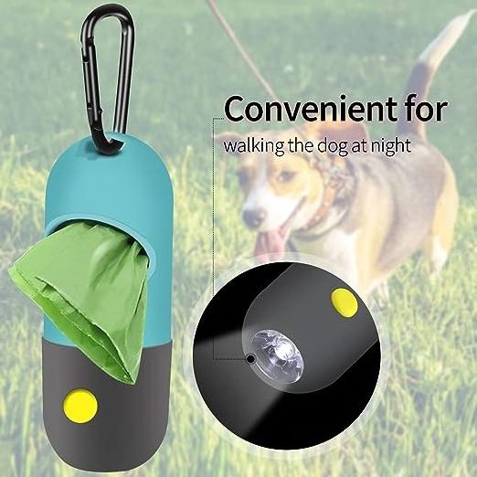 Doggy Poop Bag Dispenser with Built-in LED Flashlight for Dog Walking, Pet Waste Bag Holder for Leash with Carabiner Clip