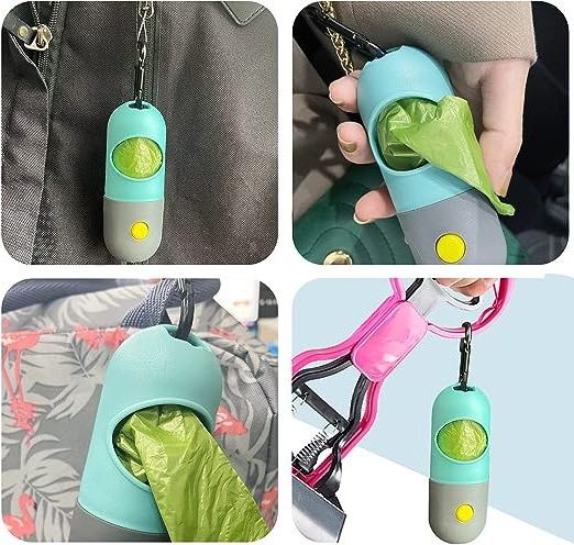 Doggy Poop Bag Dispenser with Built-in LED Flashlight for Dog Walking, Pet Waste Bag Holder for Leash with Carabiner Clip