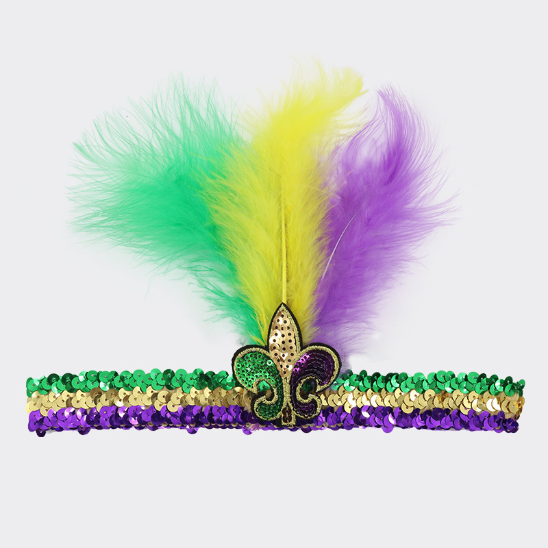 Mardi Gras Sequin Headband With Feather Fleur De Lis New Orleans Festival Apparel Decoration For Carnival Party