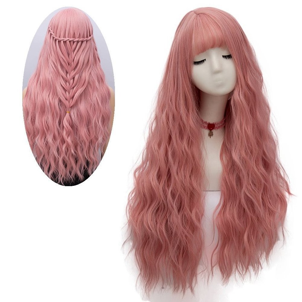 Japanese Color wigs Halloween Long Curly Synthetic Hair Cosplay Wigs With Bangs