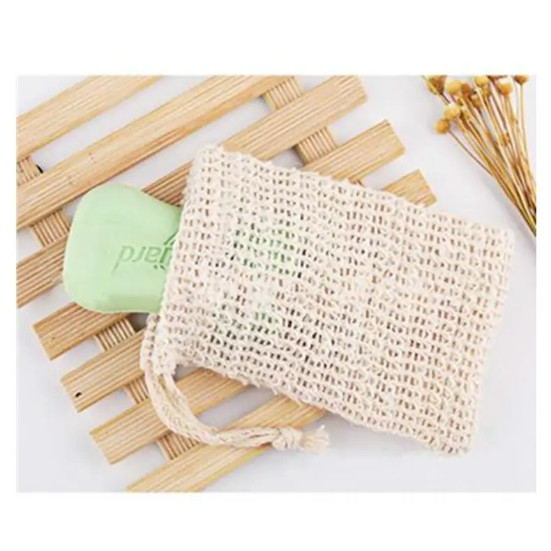 Eco Friendly Zero Waste Crochet Jute Hemp Saver Natural Cotton Drawstring Mesh Bag Exfoliating Sisal Soap Pouch Bag