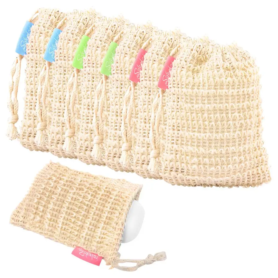 Eco Friendly Zero Waste Crochet Jute Hemp Saver Natural Cotton Drawstring Mesh Bag Exfoliating Sisal Soap Pouch Bag