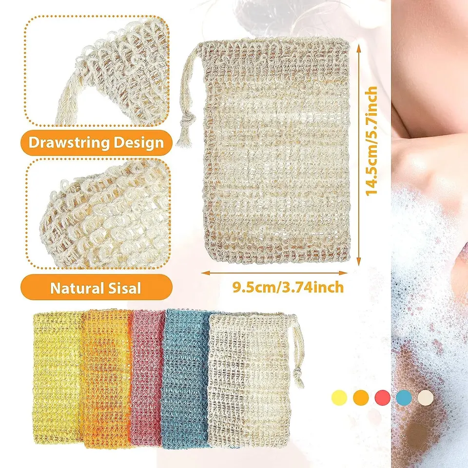 Eco Friendly Zero Waste Crochet Jute Hemp Saver Natural Cotton Drawstring Mesh Bag Exfoliating Sisal Soap Pouch Bag