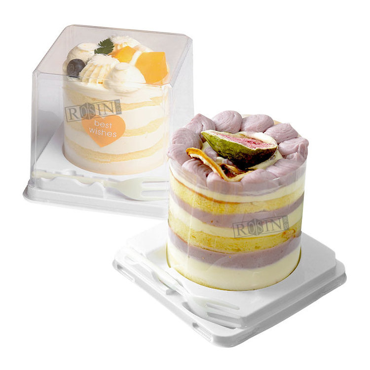 Wholesale square mini plastic clear Tiramisu cupcake blister disposable box container packaging wedding cake slice box with fork