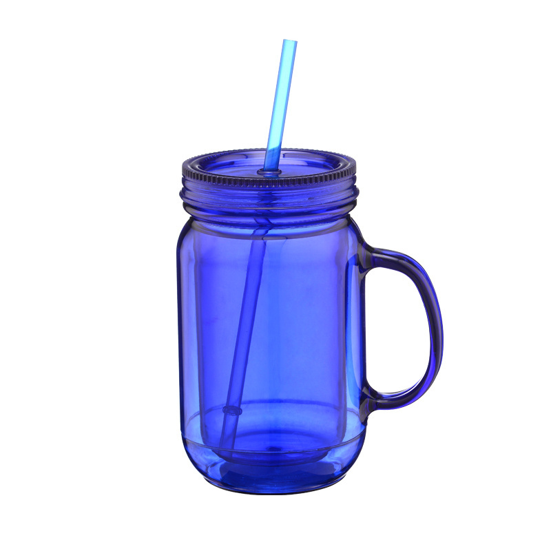 20oz Plastic mason jar mug with handle and straw cups with lids double wall clear tumbler with straw