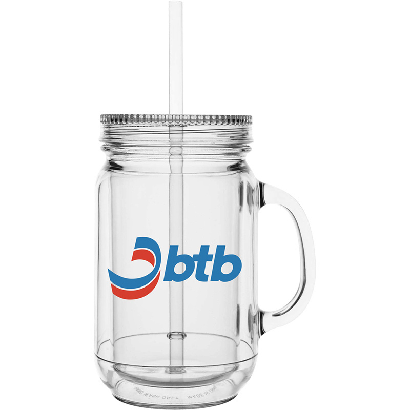 20oz Plastic mason jar mug with handle and straw cups with lids double wall clear tumbler with straw