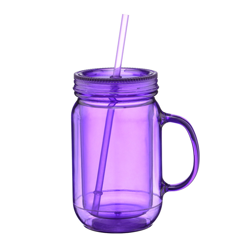 20oz Plastic mason jar mug with handle and straw cups with lids double wall clear tumbler with straw