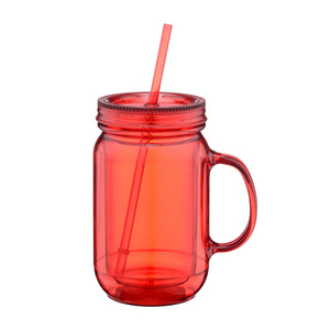 20oz Plastic mason jar mug with handle and straw cups with lids double wall clear tumbler with straw