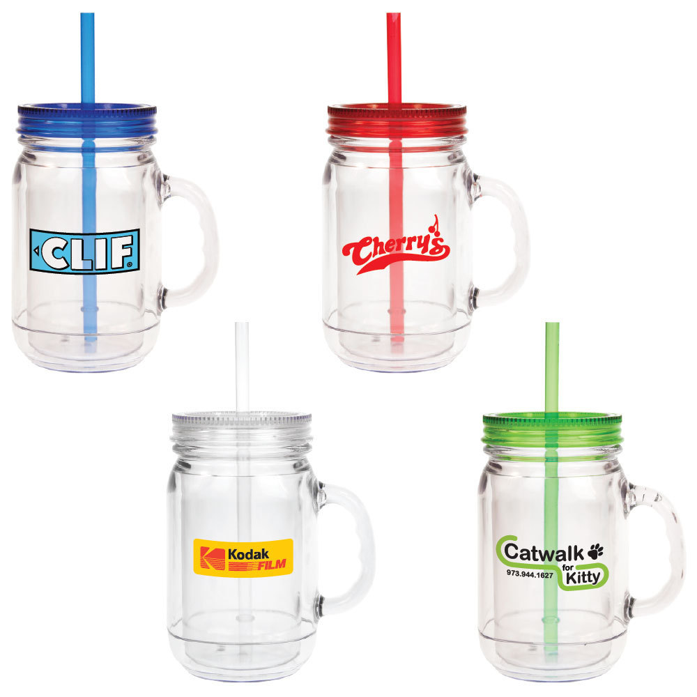 20oz Plastic mason jar mug with handle and straw cups with lids double wall clear tumbler with straw