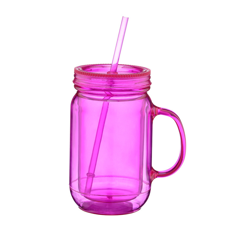 20oz Plastic mason jar mug with handle and straw cups with lids double wall clear tumbler with straw