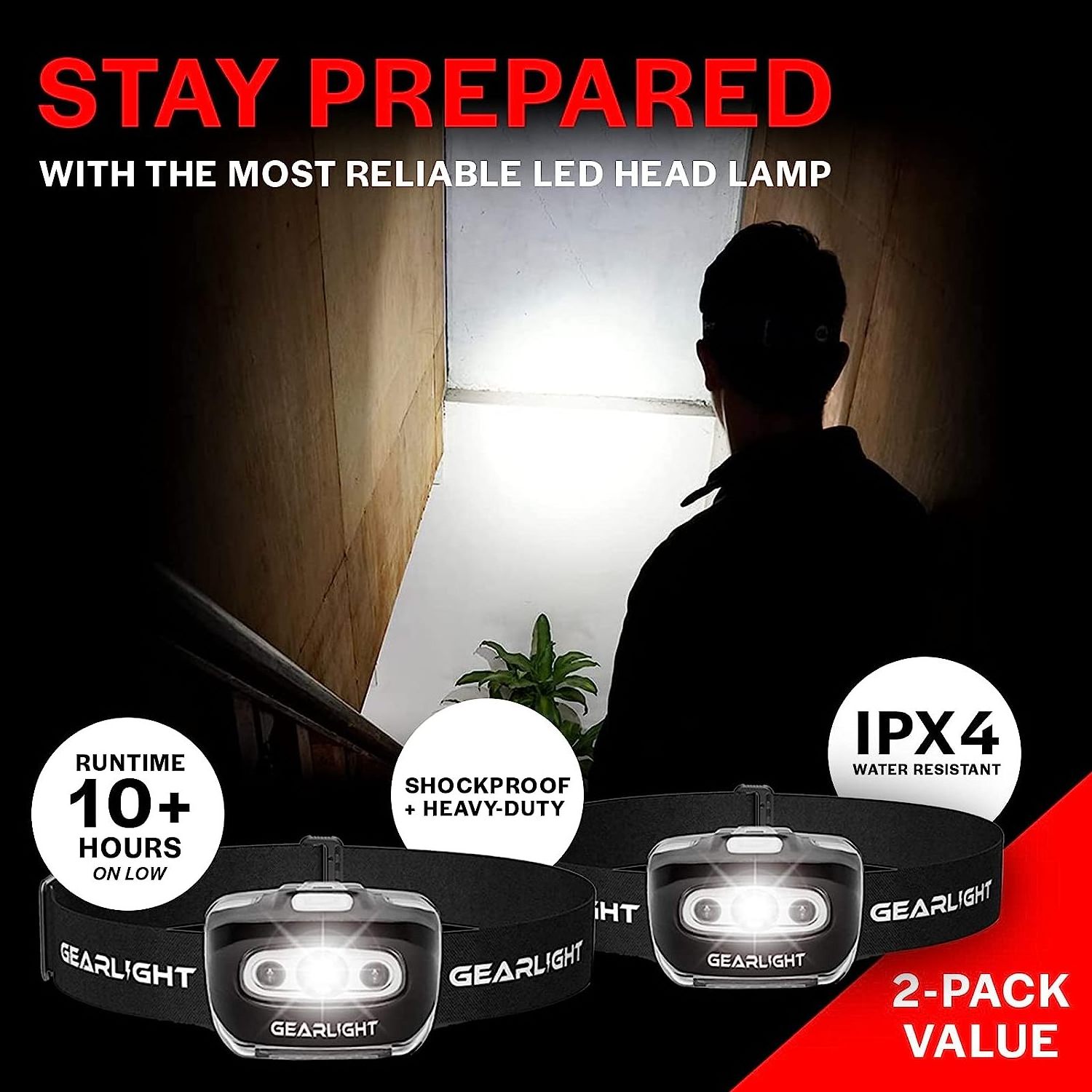 GearLight 2Pack LED Headlamp Outdoor Camping Headlamps with Adjustable Headband Headlight with 7 Modes