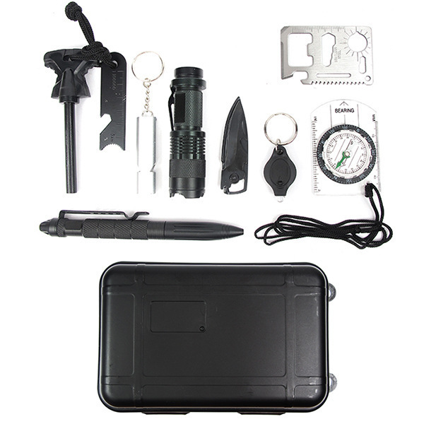 Hot Selling Emergency Survival Kit 9 in 1 Portable Metal Emergency Survival Kit with Tactical Pen, Fire Starter, Whistle