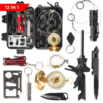 Professional 12pcs Wilderness Travel Camping Mini Multifunctional Emergency Survival Kit with Flashlight Fire Starter Compass et