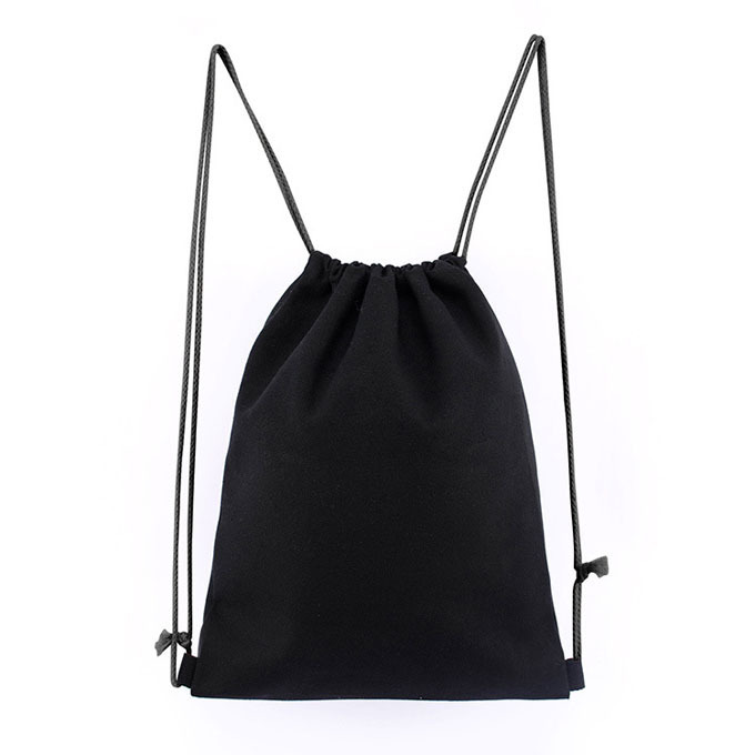 Promotional Factory price Black Cotton canvas drawstring bag sports gym sack backpack with logo