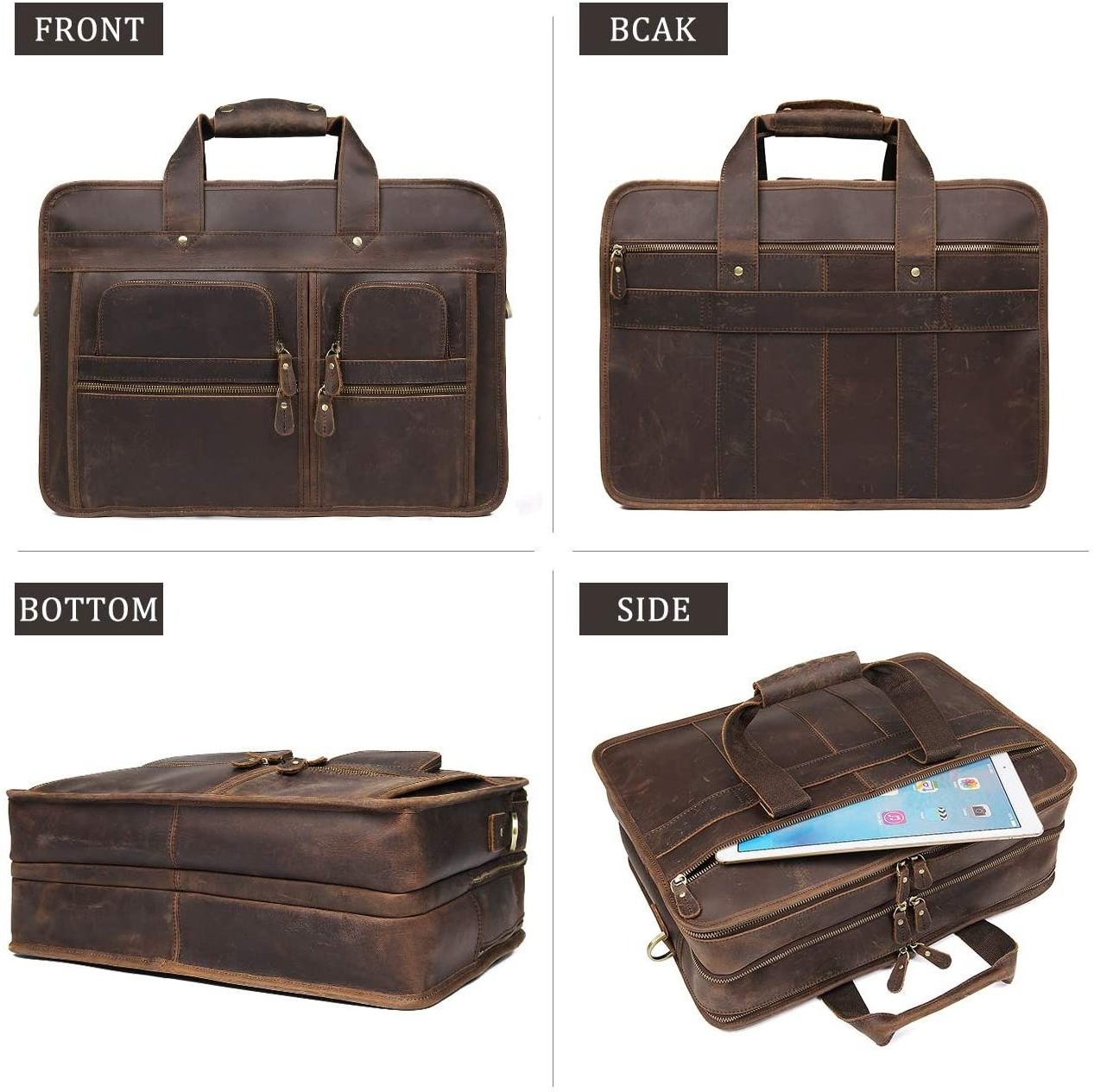 Full Grain Leather Laptop Briefcases For Men Business Travel Messenger Bag With  Metal Zipper Brown Briefcase