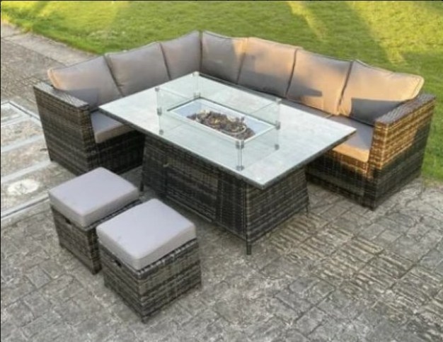 Audu UK Fire Resistant Rattan Wicker Dining Table Set Corner Garden Sofa Set With Gas Fire Pit