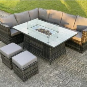 Audu UK Fire Resistant Rattan Wicker Dining Table Set Corner Garden Sofa Set With Gas Fire Pit