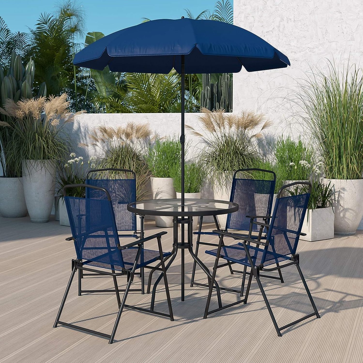 6 Seats Folding Steel Outdoor Garden Furniture Set Patio Dining Table And Chair With Umbrella Set