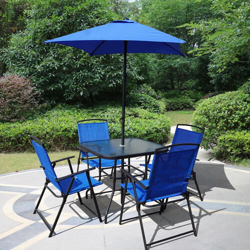 6 Seats Folding Steel Outdoor Garden Furniture Set Patio Dining Table And Chair With Umbrella Set