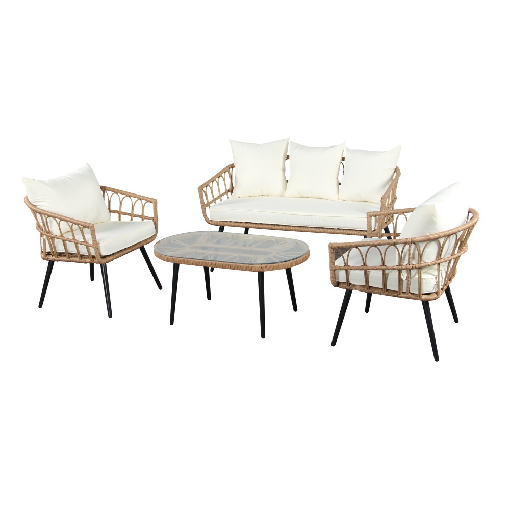 Quality Outdoor Patio Living 3 Piece Table And Chairs Set Modern Tan Wicker Linen Cushions