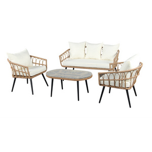 Quality Outdoor Patio Living 3 Piece Table And Chairs Set Modern Tan Wicker Linen Cushions