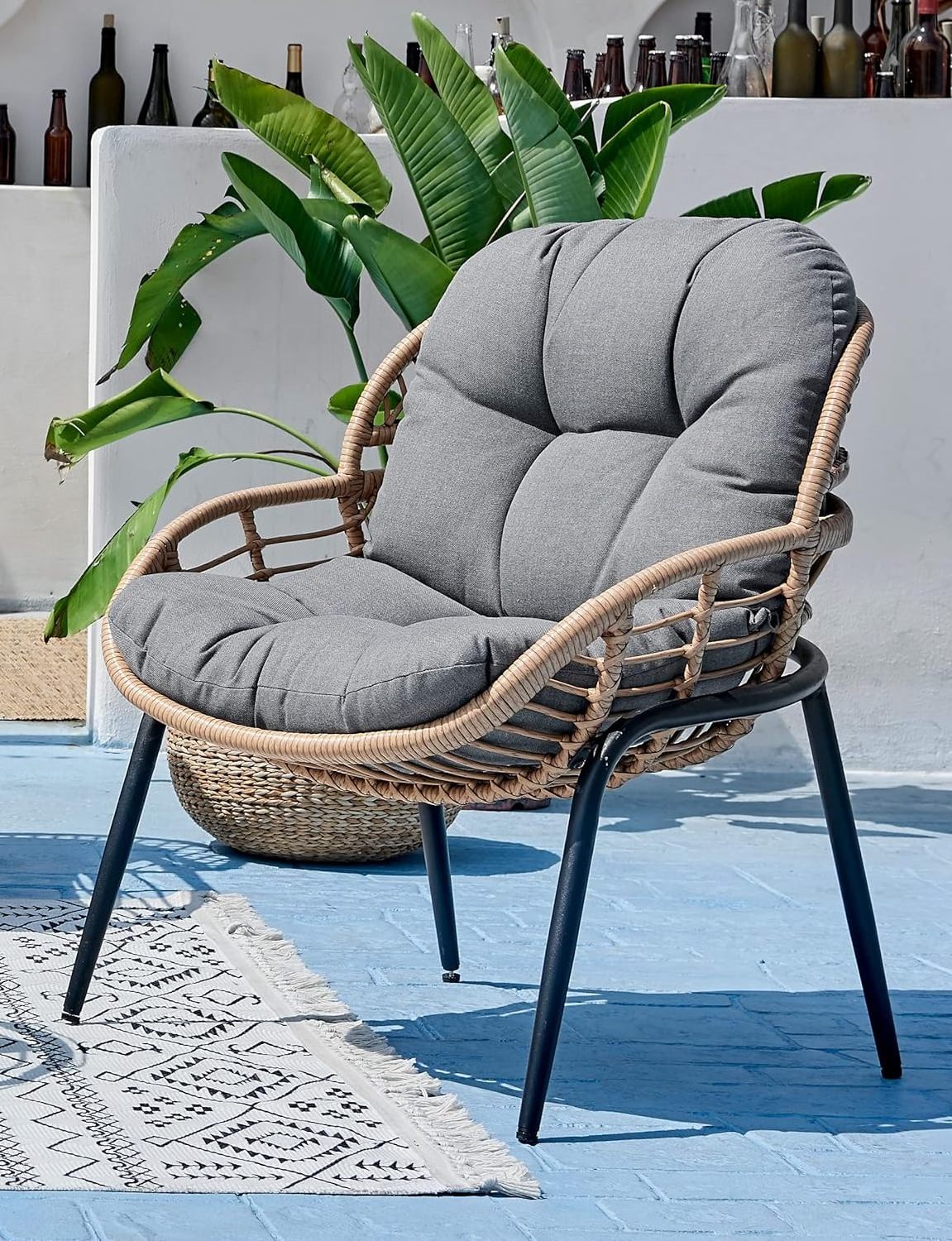 Garden Sofa Furniture 4-Piece PE Natural Rattan Outdoor Grey Cushions Conversation Set