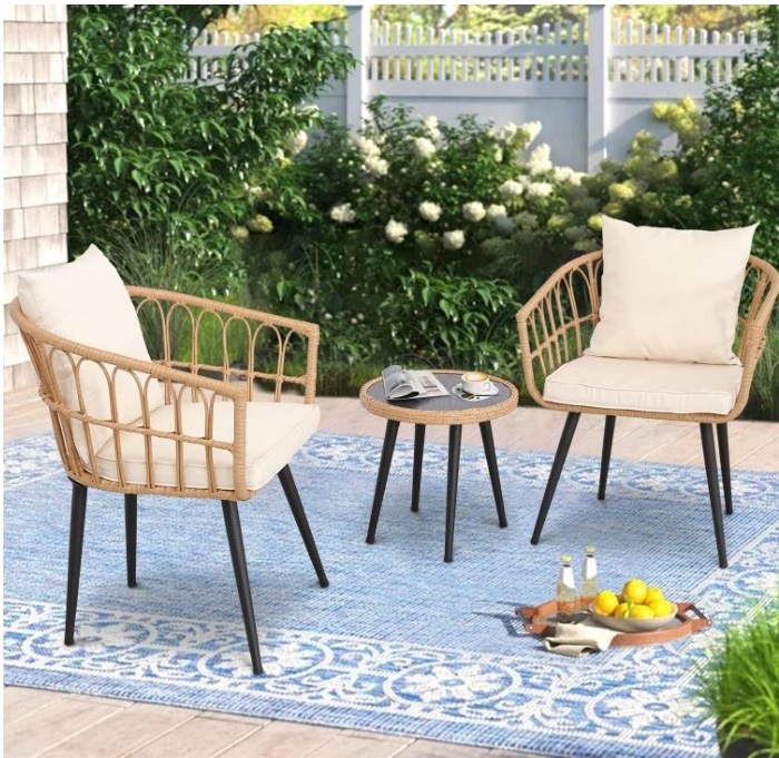 Furnivilla 3 Pieces Outdoor Wicker Bistro Set Rattan Chair Conversation Sets Garden Furniture for Cushioned with Tempered Glass