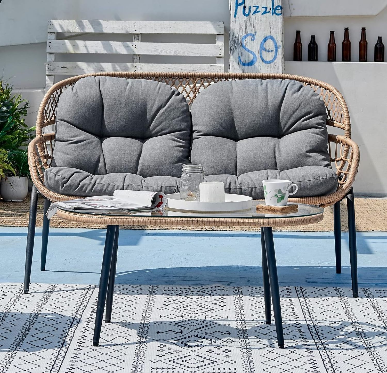 Garden Sofa Furniture 4-Piece PE Natural Rattan Outdoor Grey Cushions Conversation Set