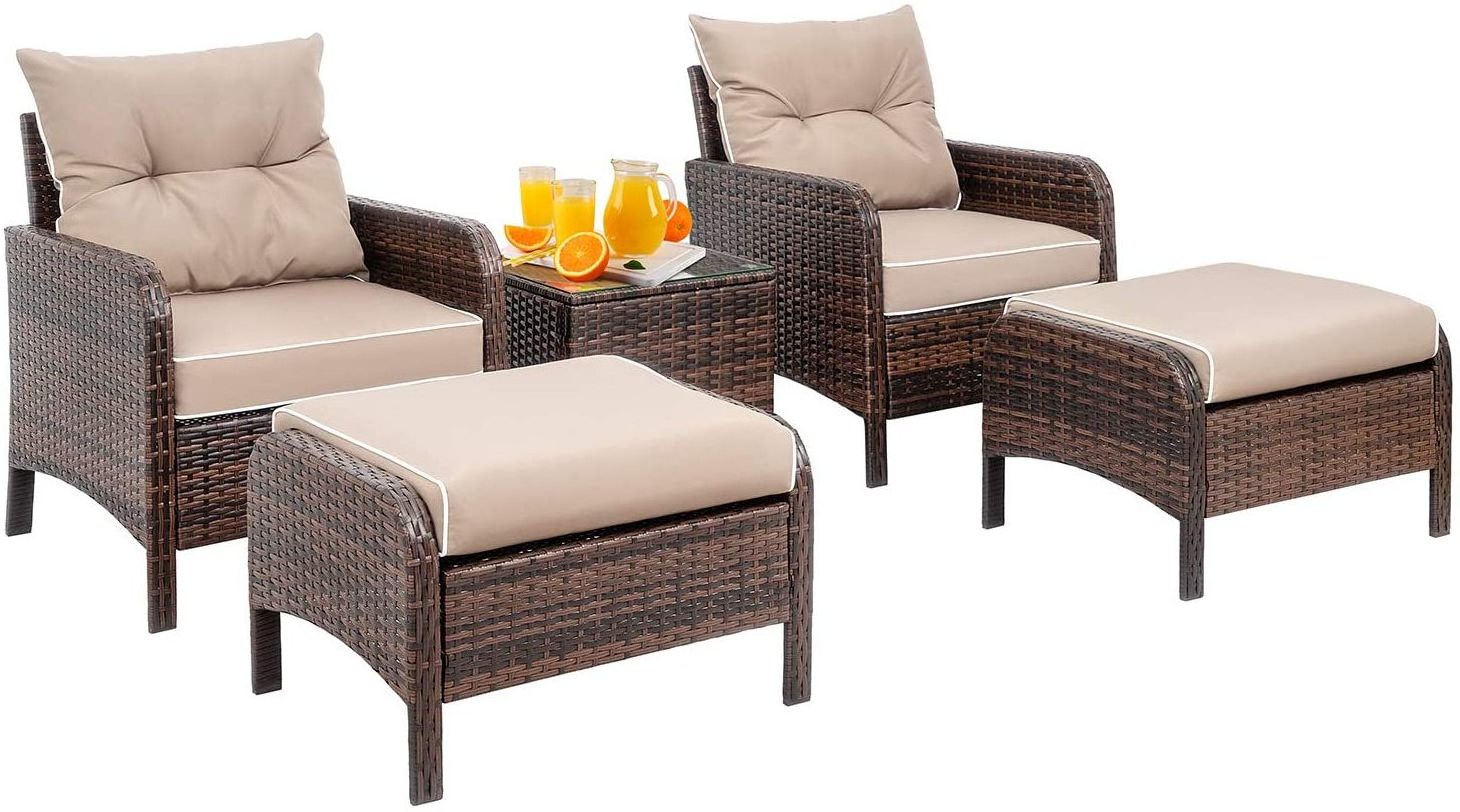 5 Pieces Outdoor Furniture Set Cushioned Patio Conversation Set with Ottoman And Coffee Table