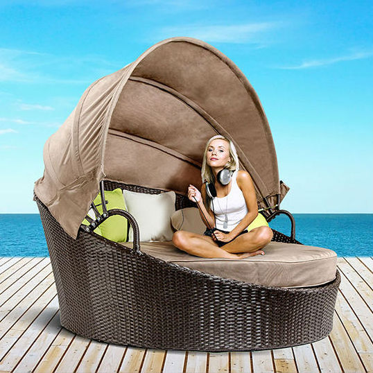 Wicker Outdoor Day Bed Sun Lounge Rattan Garden Chaise Lounge With Canopy