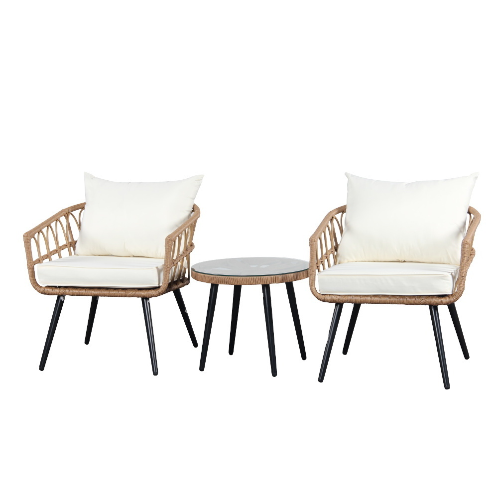 Quality Outdoor Patio Living 3 Piece Table And Chairs Set Modern Tan Wicker Linen Cushions