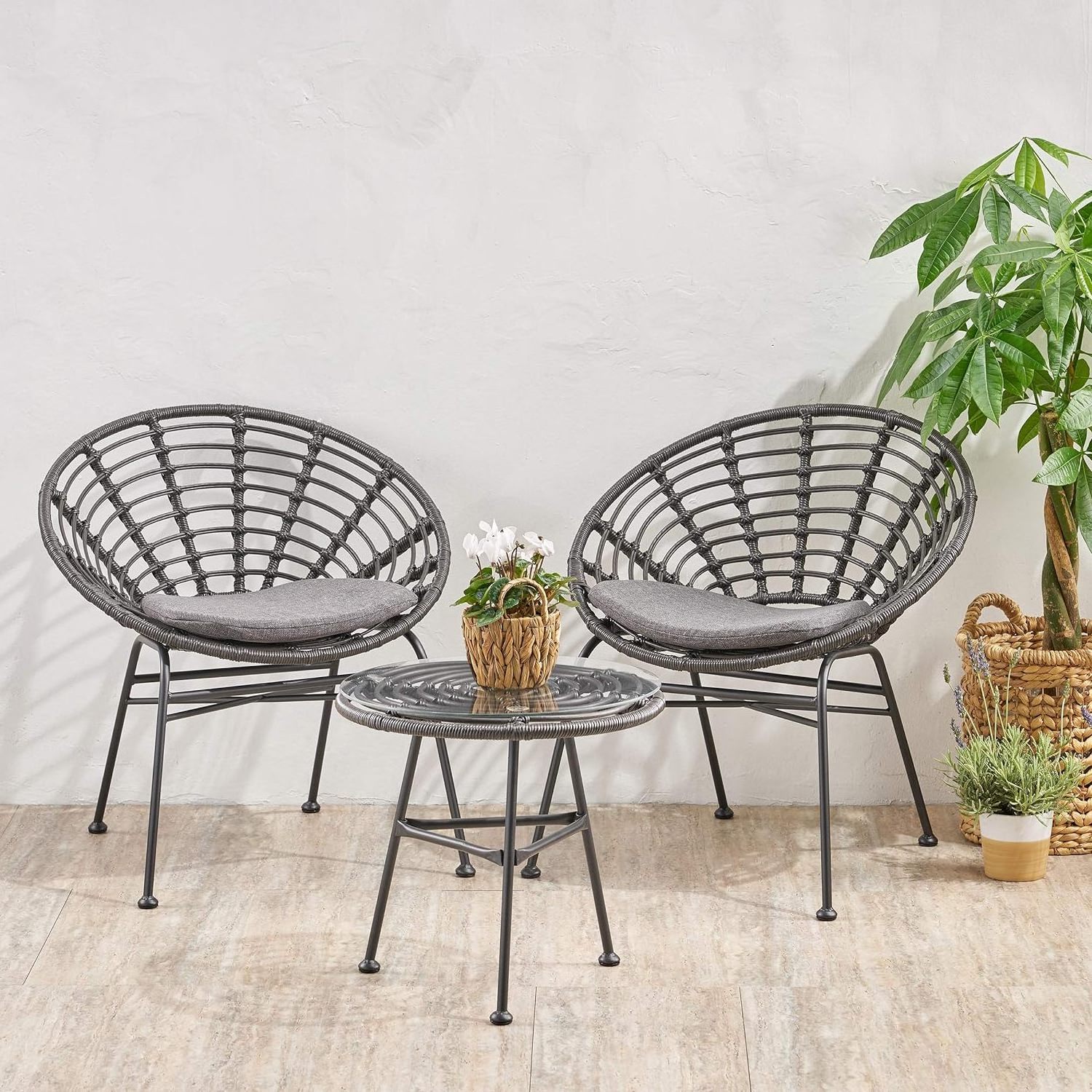 Outdoor Garden Patio Furniture Modern 2 Seater Wicker Chat Set With Side Table Metal Frame Rattan Bistro Cafe Set