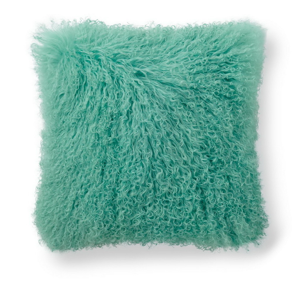 Teal green color Mongolian lamb fur cushions long soft curly hairs Tibetan sheepskin wool pillows