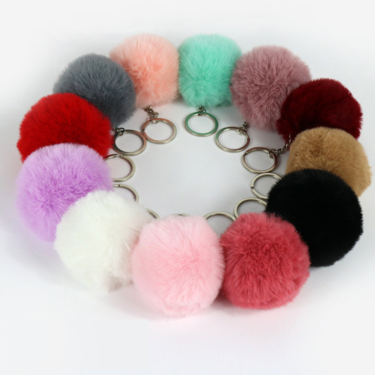 Handmade Fluffy Fur Puff Ball Pom Pom Charm Keychain With Circle Hook Bag Handbag Charms Multicolor