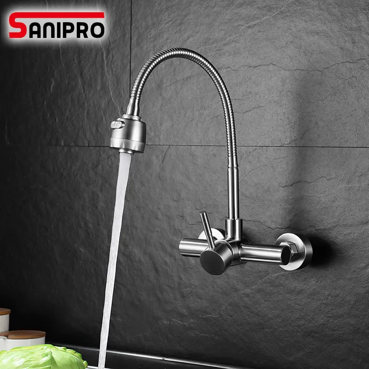 SANIPRO Good Price OEM Single Handle Pull Out Sink Taps Sprayer Mixer Tap 304 Stainless Steel Wall Mounted Kitchen Faucet