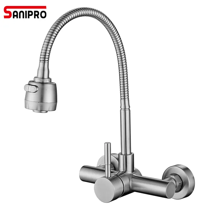 SANIPRO Good Price OEM Single Handle Pull Out Sink Taps Sprayer Mixer Tap 304 Stainless Steel Wall Mounted Kitchen Faucet