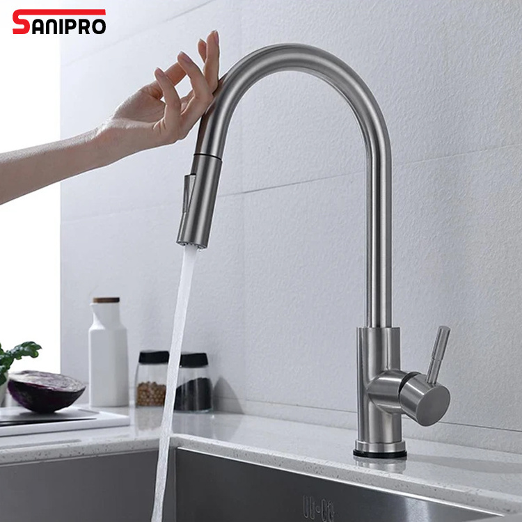 SANIPRO 360 Degree Rotating SS304 Brushed Nickel Pull Down Water Tap Sensitive Smart Touch Sensor Faucet for Kitchen Sink