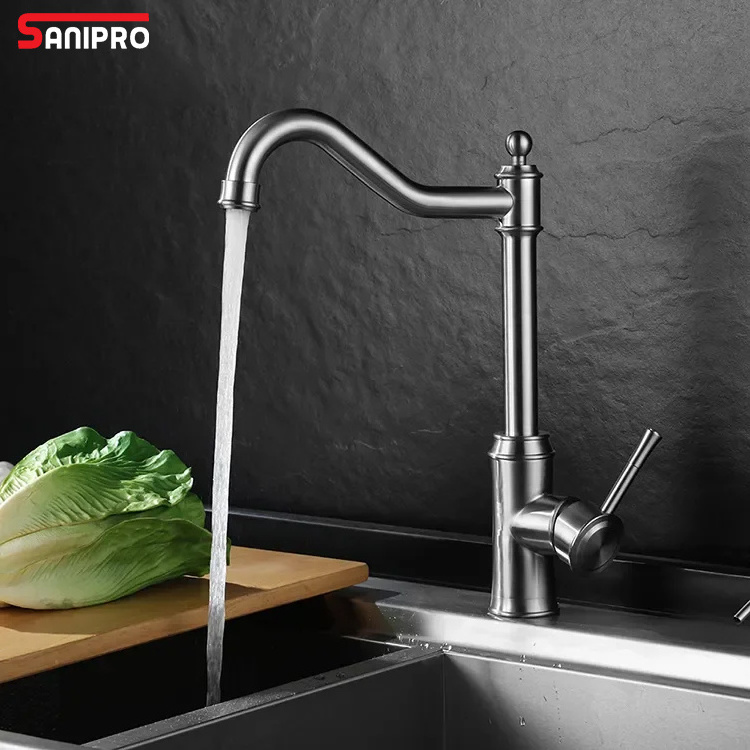 SANIPRO Manufacturers Wholesale Bridge Single Lever Kitchen Mixer Sink Water Tap Antique Graceful Stainless Steel Faucet