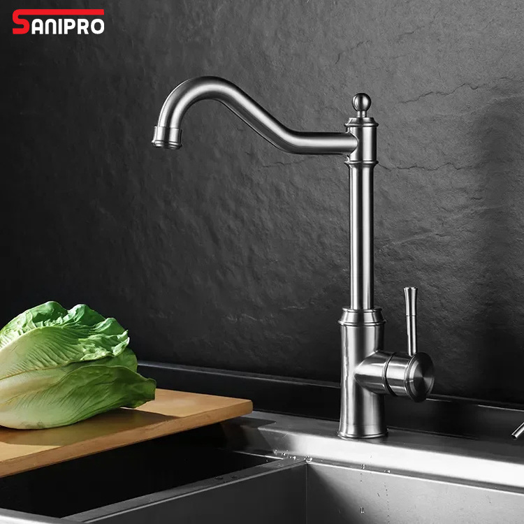 SANIPRO Manufacturers Wholesale Bridge Single Lever Kitchen Mixer Sink Water Tap Antique Graceful Stainless Steel Faucet