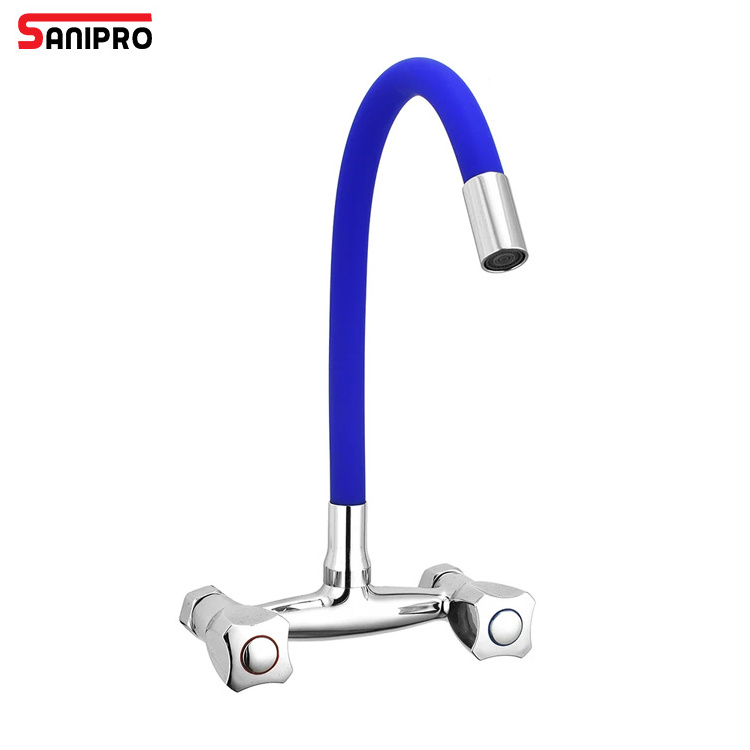 SANIPRO Cheap Silicone Tube Can Be Changed Color, Wall Mount Hot Cold Water Mixer Tap Kitchen Zinc Faucet with Double Handle